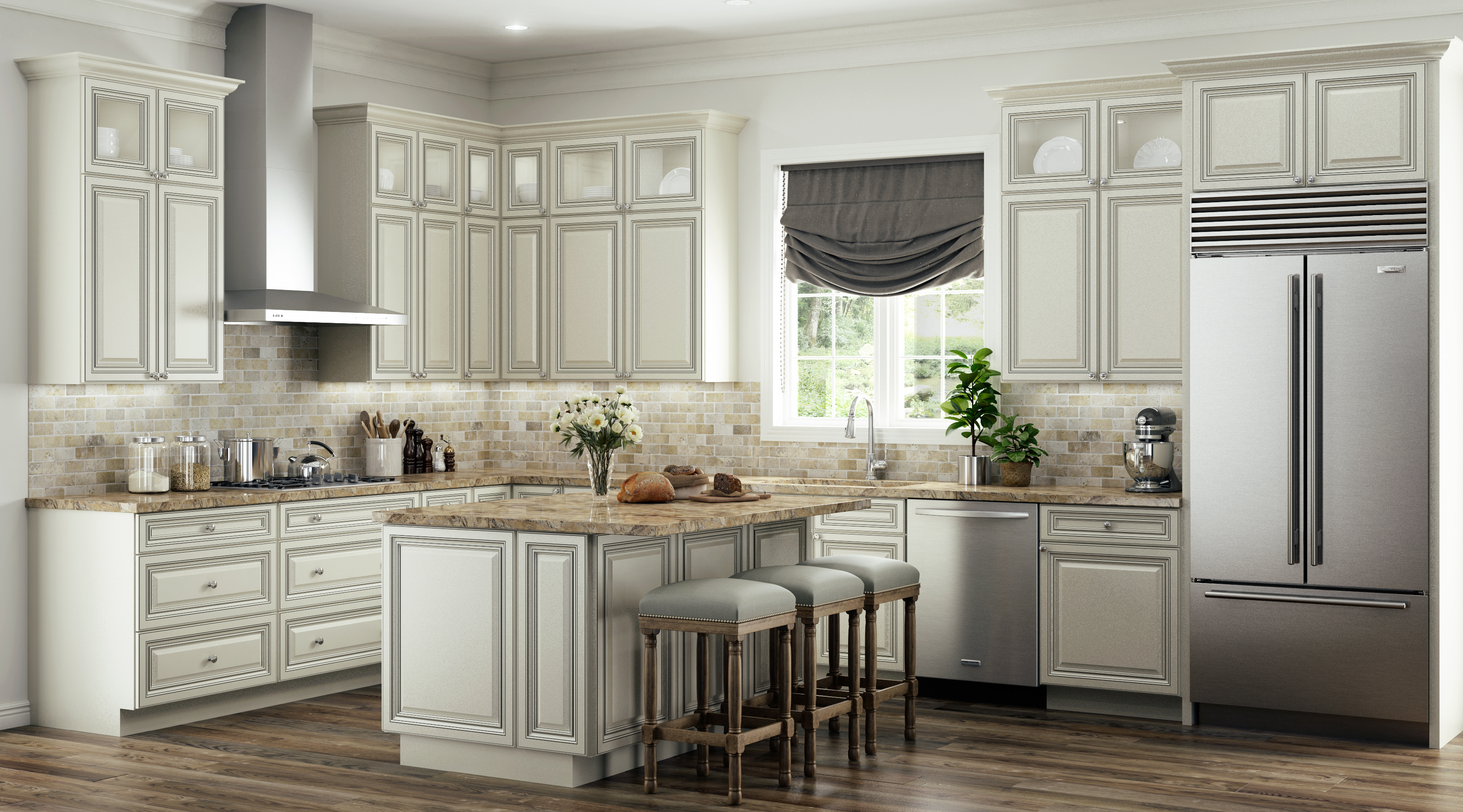 North American Maple Antique White Glaze Kitchen Cabinets With